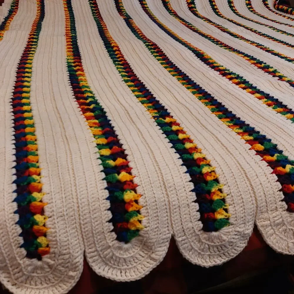 Afghan Blanket Crochet Scalloped Beige Striped Rainbow 83